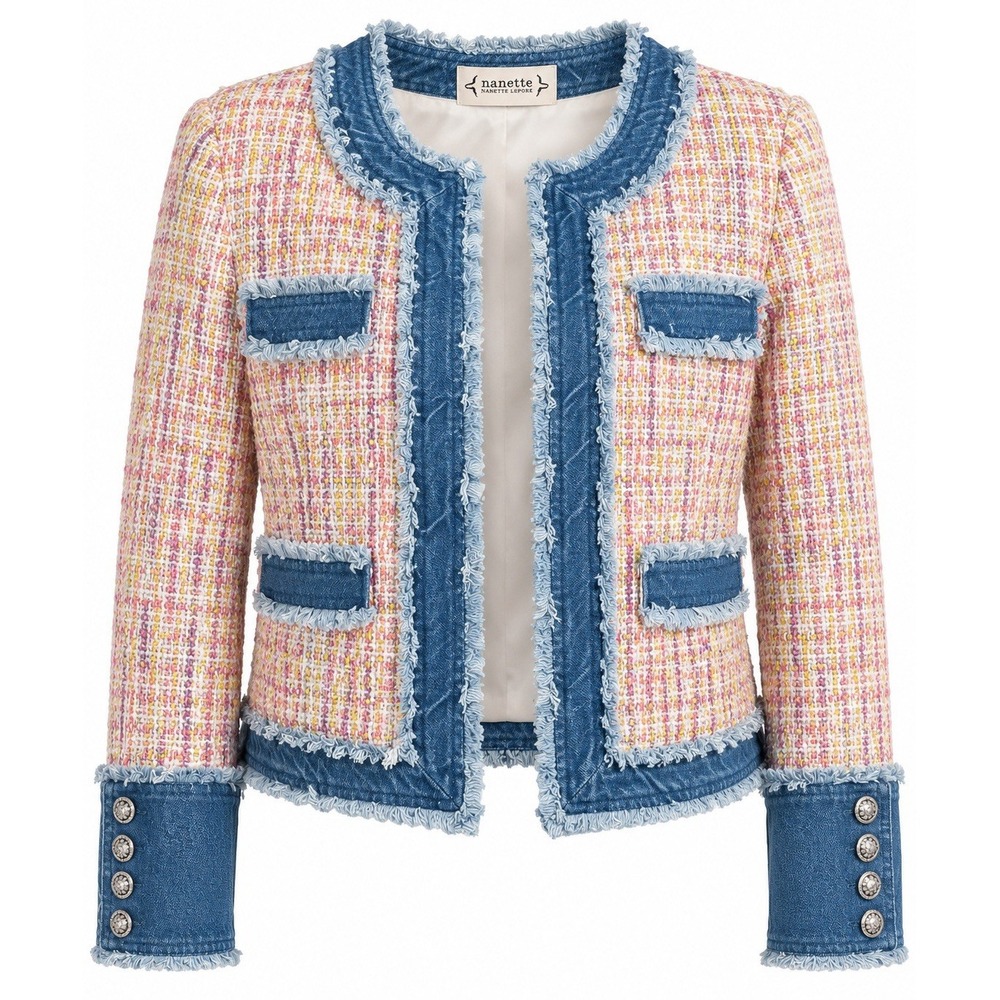 Nanette Lepore Jacket L Pink Tweed Denim Trim Metallic Frayed Blazer